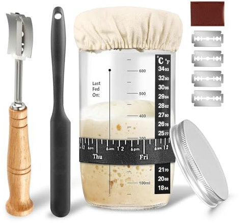 Kit de démarrage pour levain, pot de démarrage de 60 ml, avec thermomètre, date marquée, ruban d'alimentation, couvercle en tissu et couvercle en métal, spatule, kit de démarrage pour pâte à sucre