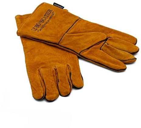 Paire de Gants camel de sécurité anti chaleur en cuir avec doublage intérieur pour poêle à bois, cheminée, barbecue, brasero et soudage. Résistant au feu, la soudure, le four, la cuisine (Camel)