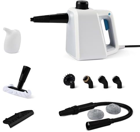 Amazon Basics Pulitore a Vapore Portatile per la Casa con 9 Accessori, Potente Getto di Vapore da 1000W, Serbatoio da 250mL, Bianco