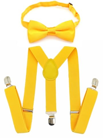 JZK Gelb fliege und hosenträger set kinder unter 135 cm, Y-Form 3 Clip Verstellbare Hosenträger mit Fliege für kleine Jungen und Mädchen Für Hochzeit Party und Kostüm