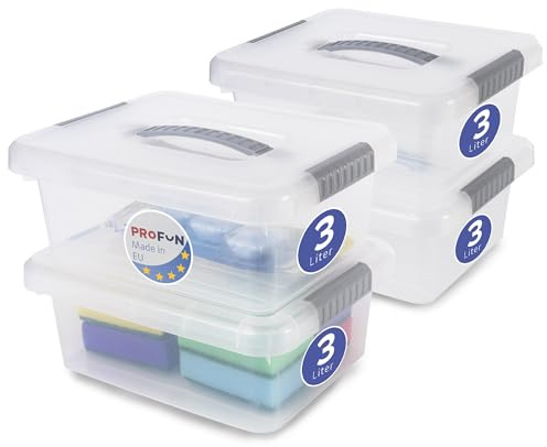 PROFUN Classic Förvaringslåda med lock 3L – Stor plastlåda med lock – Stapelbar design – Perfekt för förvaring av kläder, leksaker, verktyg eller kontorsmaterial – Set om 4