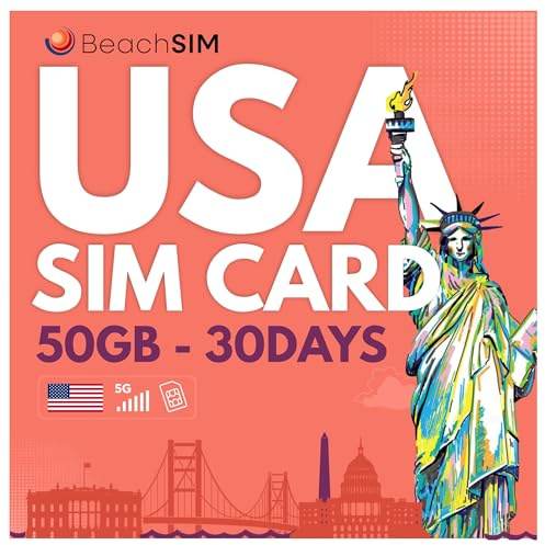 BeachSIM Tarjeta SIM USA 30 días. 50GB de Datos prepago Solo Datos a Velocidad 4G/5G. Recarga fácil y activación rápida. Funciona en Dispositivos iOS y Android.