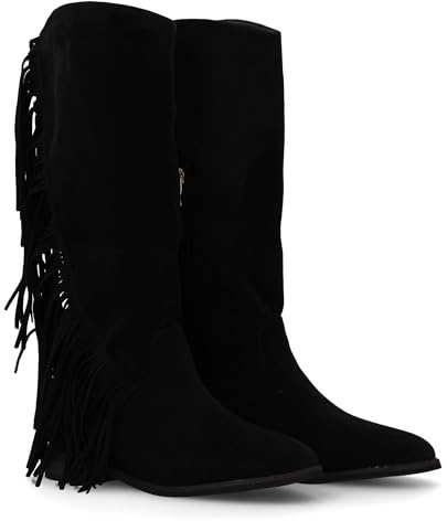 shoes&blues.es 94809 Bota Plana Mujer con Flecos y Estampado Liso, Diseno Moderno. Estilo Cowboy. Tacon Plano. Cierre de Cremallera. Ideales Otono Invierno. Negro Talla 39