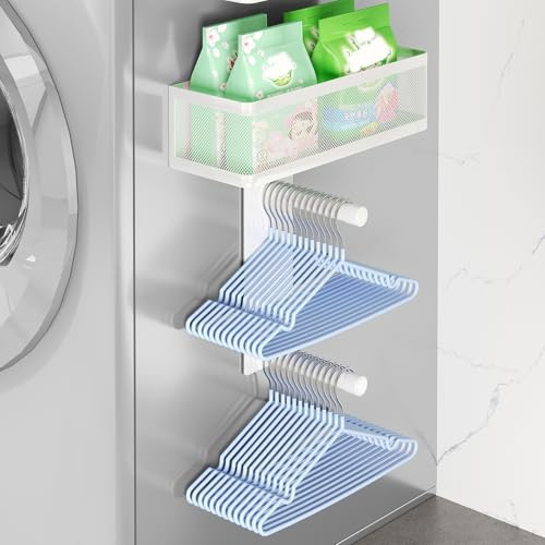 Magnetic Shelf for Washing Machine & Refrigerator - Multifunctional Magnetic Laundry Organizer with Hanger Holder, No-Drill Spice Rack Magnetic Basket for Laundry Room/Kitchen (1 Set)