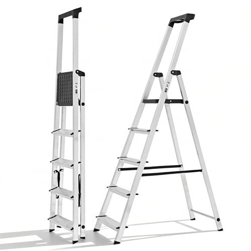 Sweetcrispy 5 Step Ladder, 330lbs Folding Step Stool with Anti-Slip Wide Pedal,Tool Tray, Aluminum Stool Ladders, Safety Household Ladder for Home Kitchen Courtyard Outdoor