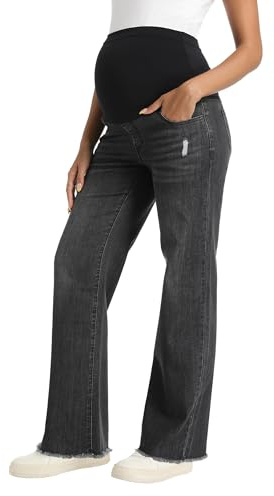 Gowjog Jean Grossesse Femme Jambes Larges Ourlet Brut | Taille Haute, Élastique, Avec Poches, Pantalon Grossesse, Maternité, Travail, Décontracté
