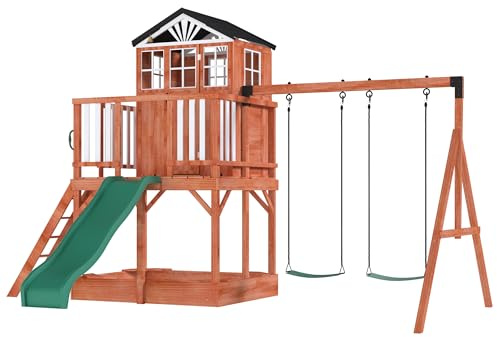 HOMMOW Wooden Swing Set for Kids,8 in 1 Outdoor Playset with Sandbox & Play Kitchen, 2-Seat Swing, Wave Slide, Corner Seats, Backyard,Patio