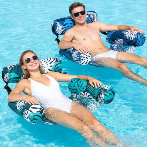2 Pack Pool Inflatables, Tropical Inflatable Chair For Adults, Durable PVC with Heavy Duty Soft Fabric Cover Floating Lounge Chairs for 150KG MAX, for Summer Party Beach Lake Swimming