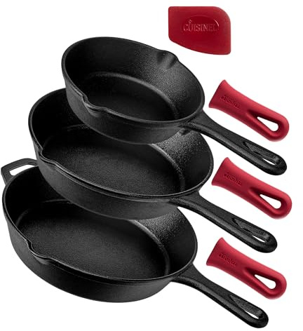Cuisinel Cast Iron Skillets Set - 3-Piece: 6 + 8 + 10-Inch Chef Frying Pans - Pre-Seasoned Cookware + 3 Silicone Handle Cover Grips - Use Indoor/Outdoor, Grill, Stove, BBQ, Fire, Oven