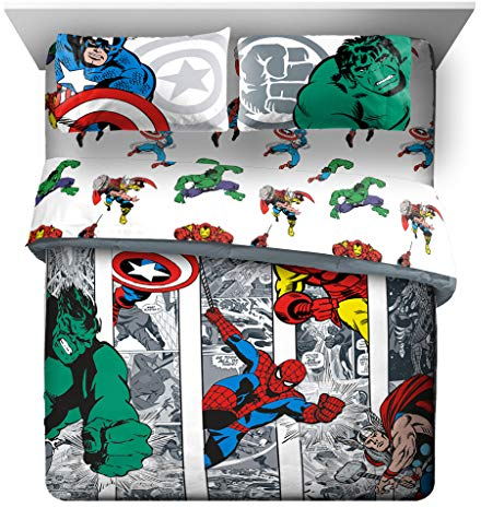 Jay Franco Marvel Avengers Comic Cool 7 Piece Queen Bed Set Includes Comforter & Sheet Set Bedding Features Captain America Spiderman Iron Man Hulk Thor Super Soft (Official Marvel Product)