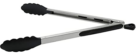 Fackelmann Multi-Purpose Kitchen Tongs PBT Length 35cm, | Heat Resistant to 220C, Non-Stick Cookware Safe, Locking Mechanism, Dishwasher Safe, Silver & Black