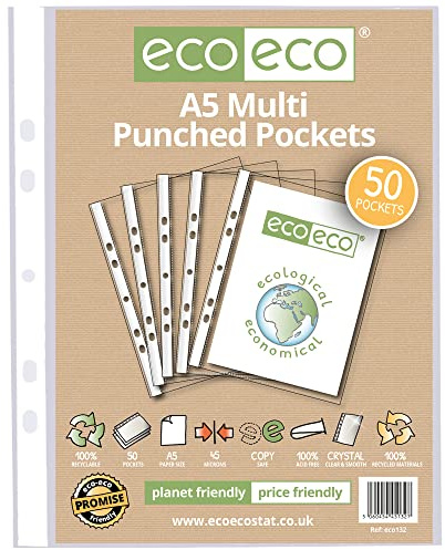 eco-eco Eco132 Protège-feuilles A5 100% recyclé avec poches perforées en verre transparent 45 microns (50 pochettes)