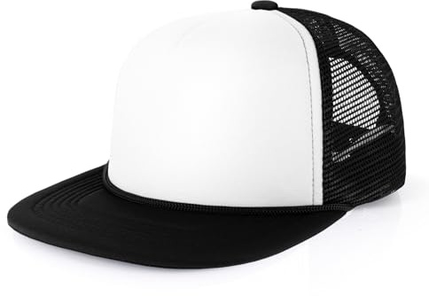 CHOK.LIDS Flat Bill Foam Top Hats for Men and Women Adjustable Snapback Trucker Hat Trendy Color Flat Brim Mesh Baseball Cap (White/Black)