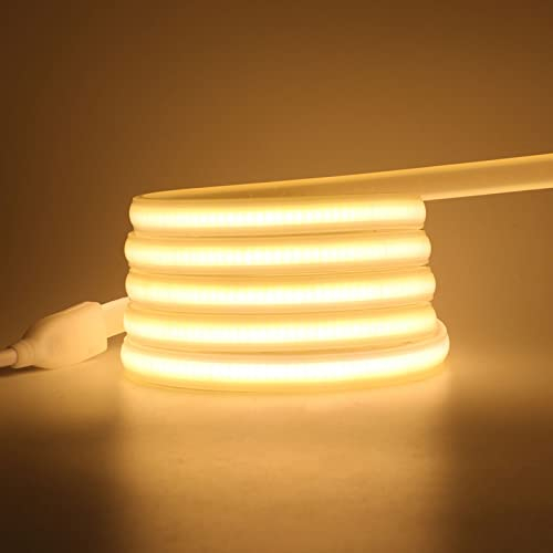 Wisada 220V LED Band 5M, 288 LEDs/m Flexible Hohe Dichte Warmweiß 3000K CRI≥85 FCOB LED Streifen, IP65 Wasserdichte Superhell COB LED Lichtband mit Schaltstecker für Schlafzimmer, Schrankbeleuchtung