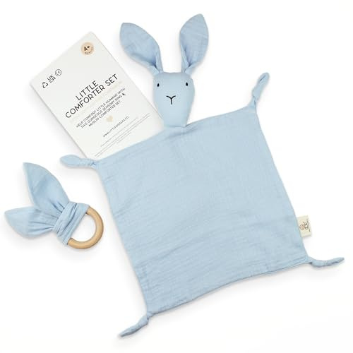 Little Giggles Co.® Bunny Baby Comforter - Soft Cotton Muslin Comforter Security Blanket & Sensory Toy in Baby Blue - Newborn Baby Boy Gifts