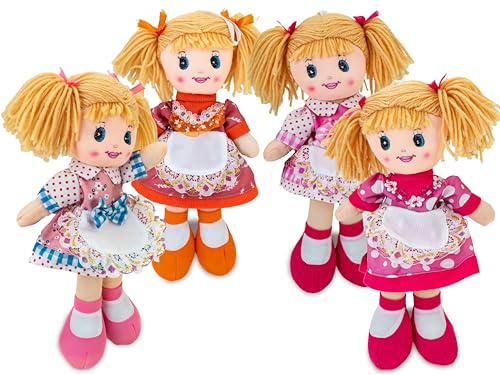 Teorema – Stoffpuppe mit bestickter Schürze, Stoffpuppe mit Wollhaar, Spielzeug für Kinder, Höhe 30 cm