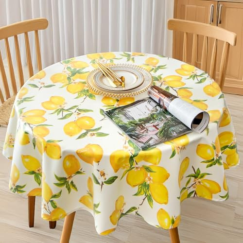 SITAKE 140cm Diameter Round Tablecloth, Polyester Wipeable Circular Table Cover, Waterproof Spill Proof Dinner Table Cloth for Outdoor Picnic Party Wedding Decoration (Yellow)