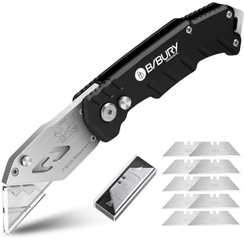 BIBURY Universalmesser, Universal Klappmesser, Tragbares Teppichmesser, Cuttermesser mit 10 Extra SK5 Edelstahlklingen, Easy Release Button, Gürtelclip, Quick Change, Für Teppich, Tapeten & Karton