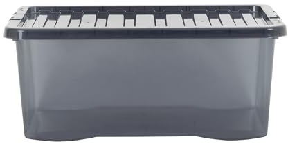 Wham Crystal 6 x 45L Stackable Plastic Storage Boxes with Lids | Ideal for Home, Office, Toys & More | Large Boxes | Made in UK - Smoke