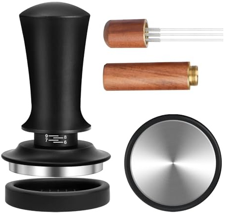 Txmyxgs Kaffee Tamper Set 51mm,Espresso Tamper mit Skaleneinstellung, Kaffeerührer Werkzeug,Verteilerwerkzeug mit 6 feinen Nadeln,Walnuss Holzgriff,Espresso siebträger Maschine zubehör