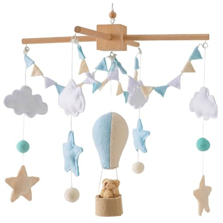 Mobile en bois pour bébé + pelote de laine, montgolfière étoile, nuage, fanions, carillon éolien, hochet, table à langer, cloche de lit suspendue (C)