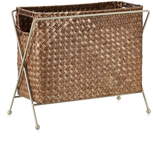 BSTKEY Natural Seagrass Magazine Rack with Handles, Woven Magazine Holder Rectangle Newspapers Book Basket Document Organizer with Metal Frame for Office Bathroom Living Room
