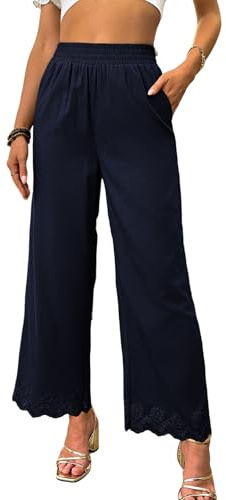 Dokotoo Fashion Clothing Beach Vacation Clothes for Women Casual Elastic High Waist Wide Leg Lounge Pants with Pockets Solid Soft Cotton Hollow Out Lace Hem Flowy Trousers Pants for Women Blue Large
