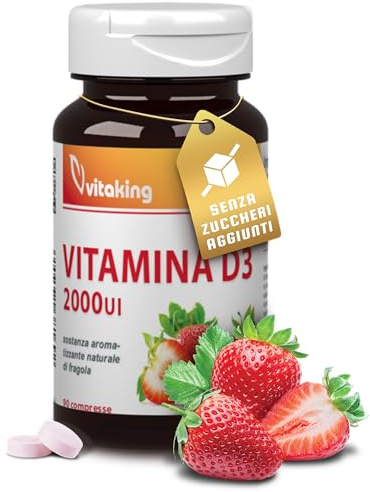 Vitaking Vitamina D3 2000 UI masticabile al Gusto Fragola | Supporto per Immunità, Ossa e Muscoli | Senza Zucchero, con Stevia Naturale | Integratore per Bambini e Adulti | 90 Compresse