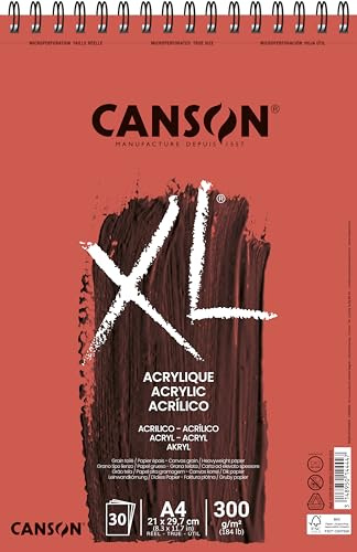 Canson XL Acrylic, Papel para acrílico, Lienzo, 300gsm, Bloc con espiral lado corto, A4 (21x29,7cm), Blanco, 30 hojas