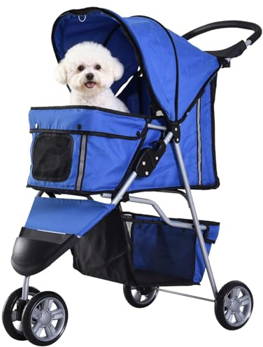 Pawhut Cochecito Plegable Mascotas 75x45x97cm Perros Gatos Carrito Ruedas giran 360º Azul