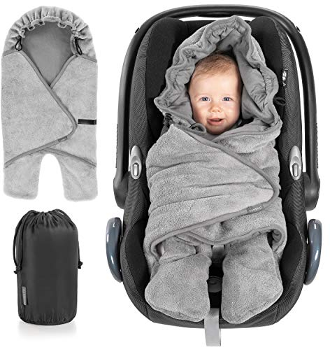 Zamboo Baby Einschlagdecke mit Füßen - Sommer - leichte Decke für Babyschalen/Autositze (passend für Maxi-Cosi, Cybex, Römer) und Kinderwagen, mit Kapuze und Tasche - Grau