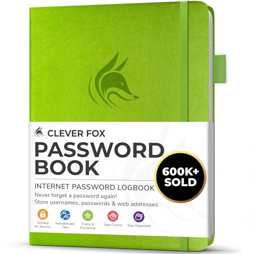 Clever Fox Passwortbuch mit Registerkarten - Adress- und Passwort-Organisationsbuch mit alphabetischen Registerkarten - Kleines Passwortbuch für Computer- und Website-Logins, Grün