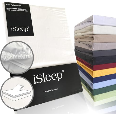 iSleep Split Topper Spannbettlaken Perkal 100% Baumwolle (Weiß, 180x200 cm)