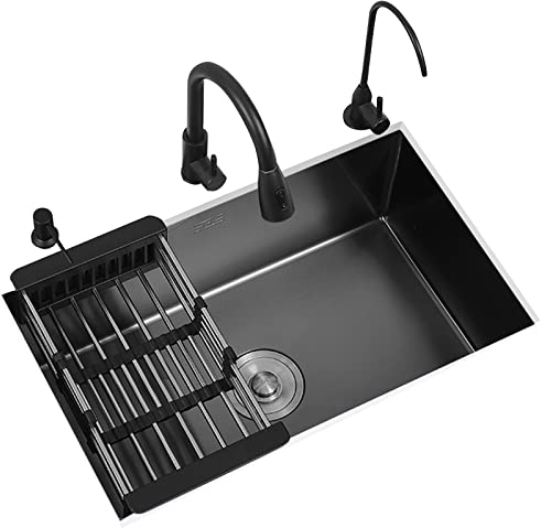 Schwarzes Küchenspülbecken aus Edelstahl 304, integriertes Unterbauwaschbecken, großes Fassungsvermögen, Außendurchmesser 220 mm tief (Farbe: Schwarz*a, Größe: 80 x 44 cm)