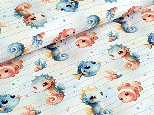 Eigenproduktion Baumwolljersey See Bewohner Seepferdchen Fische auf Streifen Weiß Stoff Meterware