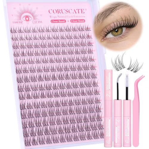 Kit de cils naturels de 9 à 12 mm - Cils individuels invisibles - 168 grappes de cils à bande transparente - Avec colle et joint d'étanchéité CORUSCATE