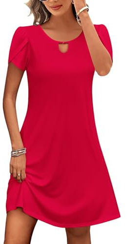 Zeagoo Vestido de mujer de verano, cuello redondo, con flores, estilo camiseta, casual, cómodo, vestido de playa, túnica con bolsillos, rojo, XL