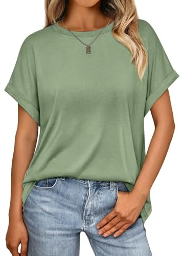 Cuptacc Womens T Shirts UK Summer Crew Neck Ladies Tops Elegant Comfort Basic Short Sleeve Tunics Fashion Lounge Solid Color Streetwear Grass Green 12-14