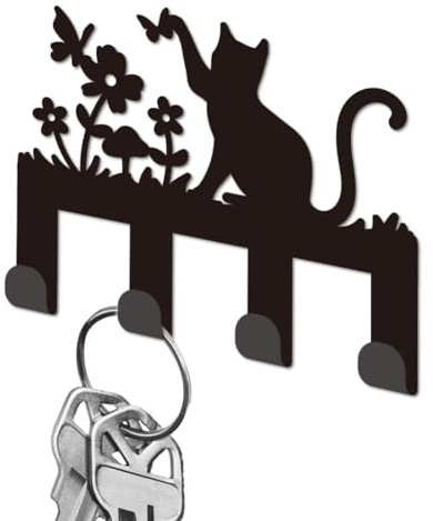 DELORIGIN Porte Clés pour Mur Porte Clés Mural en Fer Noir avec 3 crochet pour Chat et Fleurs Petits Porte Clés pour Clés de Maison pour le Rangement des Clés dans L'Entrée