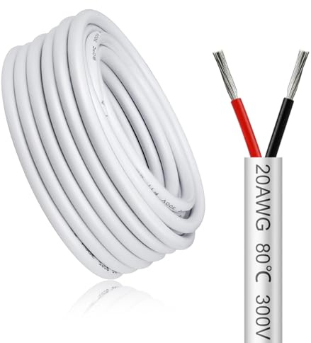 LightingWill 32.8FT/10M 20AWG 2x0.5mm² Electrical Wire 2 Core Cable, White 20 Gauge 5V/12V/24V/240V/300V Low Voltage Flexible Extension Cable, Tinned Copper Wires, High Temperature Resistant