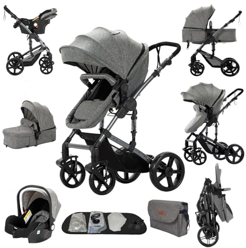 Aveainelle Barnvagn 3 i 1, Resebarnvagn Reclinerbar och Omvändbar, Barnvagn 3 Delar Vikbar med Endast Ett Klick, Barnvagn med Kompletta Tillbehör och Dubbla Bromsar (588 Grå)