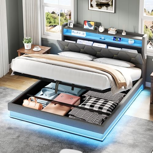 Miyemo King Size Bed Frame with Storage, Ottoman Upholstered Bed Frame with Headboard Storage & Hydraulic, 5ft Linen Bed Frame with LED-Lighting & Charging-Station, 150x200cm, Grey, (No Mattress)