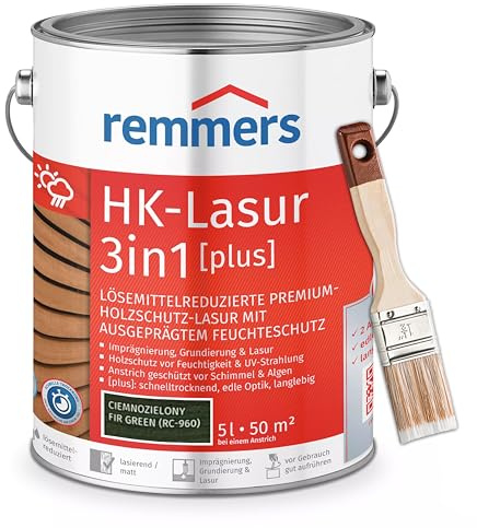 RemmersSet HK-Lasur 3in1 Plus + Pinsel Bandloo Set – Holzlasur für Außenbereich: Imprägnierung, Grundierung & Lasur in einem, Schutz vor Feuchtigkeit & UV-Strahlung, Varnish (Dụnkelgrün, 5 L)