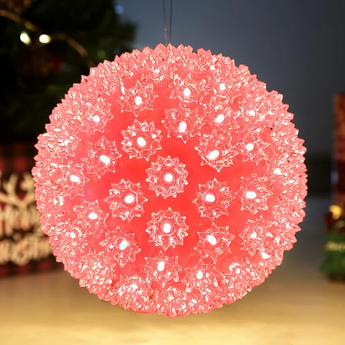 ShineU LED 9.5in 150 Light Starlight Sphere, LED Light Ball Sphere Light, Red, Christmas Light Ball, 5ft Hanging Cord with S Hook, 12ft Power Cord with Stackable Plug