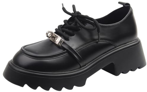 Qynthra Oxford Mocasines con Plataforma Mujer Suela de Tacos Gruesa Cordones Zapatos de Punta Redonda Ajuste Ancho Forro Transpirable Suela Antideslizante,Negro,42 EU
