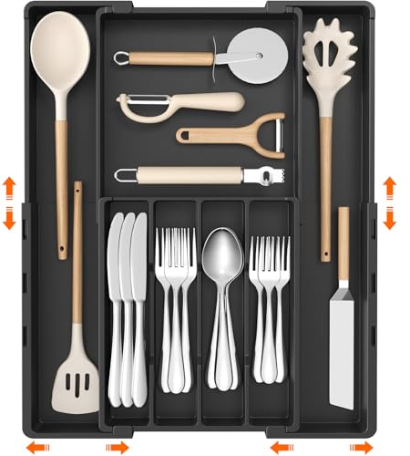 Lifewit Portaposate da Cassetto Regolabile, Organizer Cassetti Cucina, Vassoio in Plastica per Utensili e Coltelli, Organizzatore Posate con 4 a 7 Scomparti Regolabili, Larghezza 22,5–36 cm, Nero