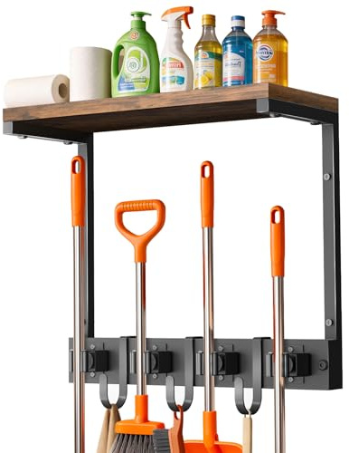 Supforce Broom Holder Wall Mount with Top Wooden Shelf, Heavy Duty Metal Cleaning Supplies Broom Hanger with 4 Slots & 3 Hooks for Laundry Garage Tool Storage Kitchen (Small)