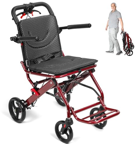 Lätt hopfällbar rullstol, 20 lbs bärbar transportstol med handbroms, aluminium transit resa rullstol med säkerhetsbälte, kompakt hopfällbar hjulstol, 20 cm PU-hjul (röd)