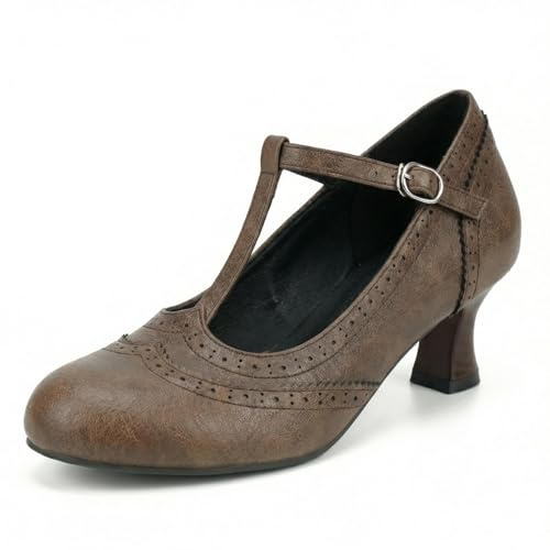 Générique Femmes T-Strap Mary Jane Escarpins Bout Rond Brogue Détail Perforé Talon Moyen Chaussures Robe Boucle Cheville Vintage Fête,Marron,43 EU