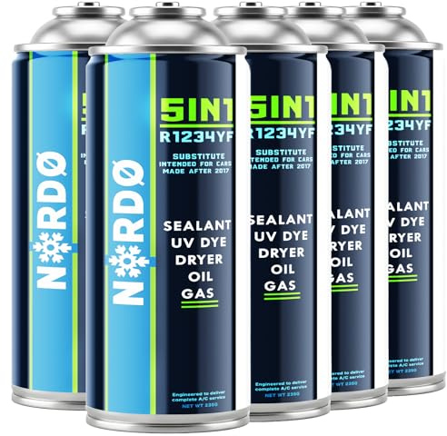 Nordo 5-en-1 – 5X Réfrigérant R1234yf pour Climatisation Auto avec Huile, Stop-Fuite, Traceur UV Et Déshydratant – Application Rapide – Protège Le Compresseur – 235 g Chaque Boîte